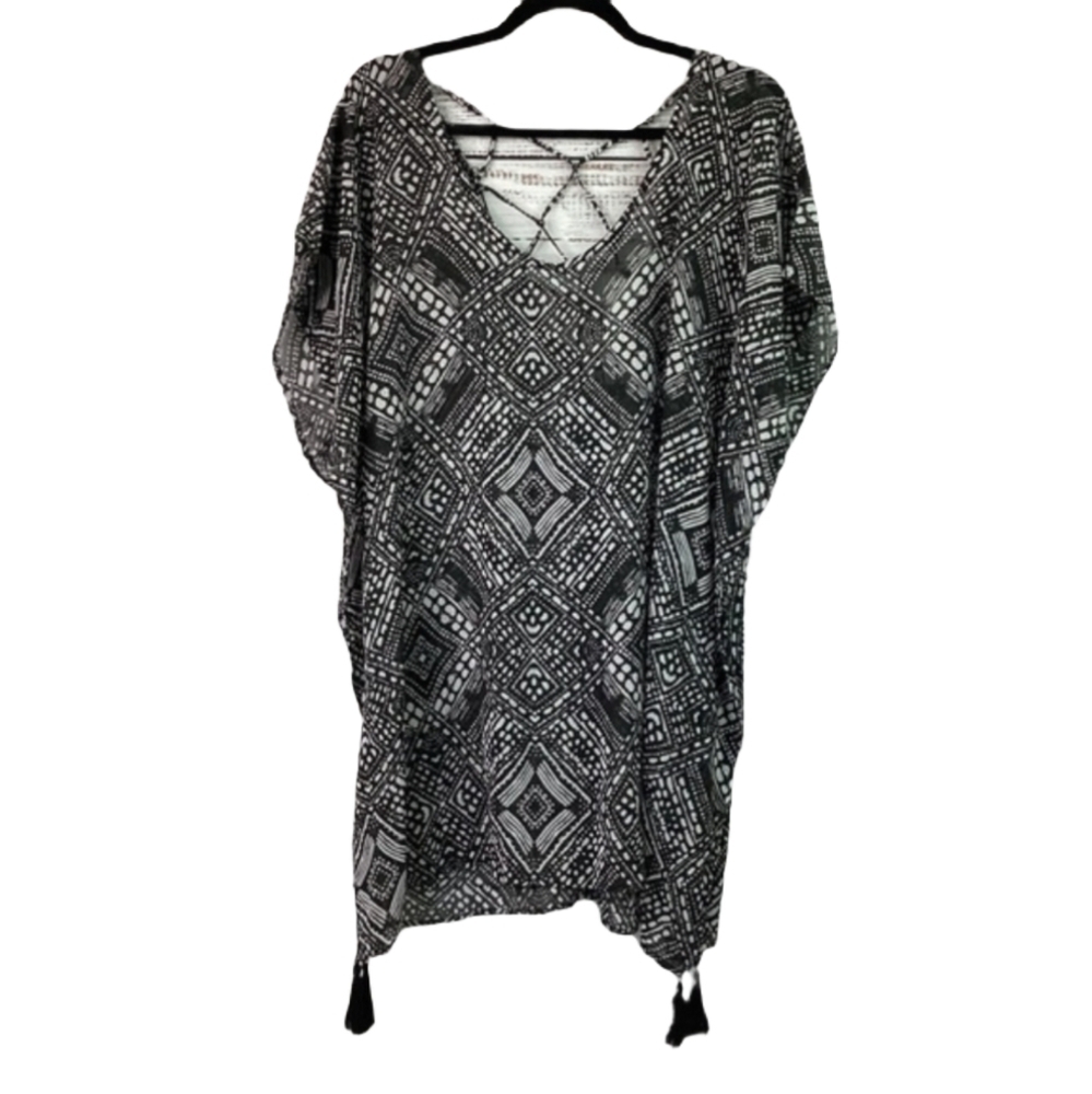 NEW PALISADES BEACH CLUB XS XSMALL TOP BLACK‎ WHITE TUNIC SWIM COVERUP TASSELS
